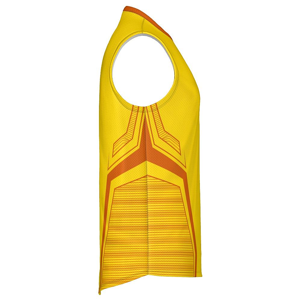 Yellow sleeveless shirt with orange accents on a white background