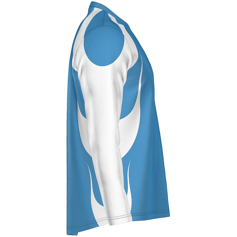 Blue long-sleeve shirt with white accents on a white background