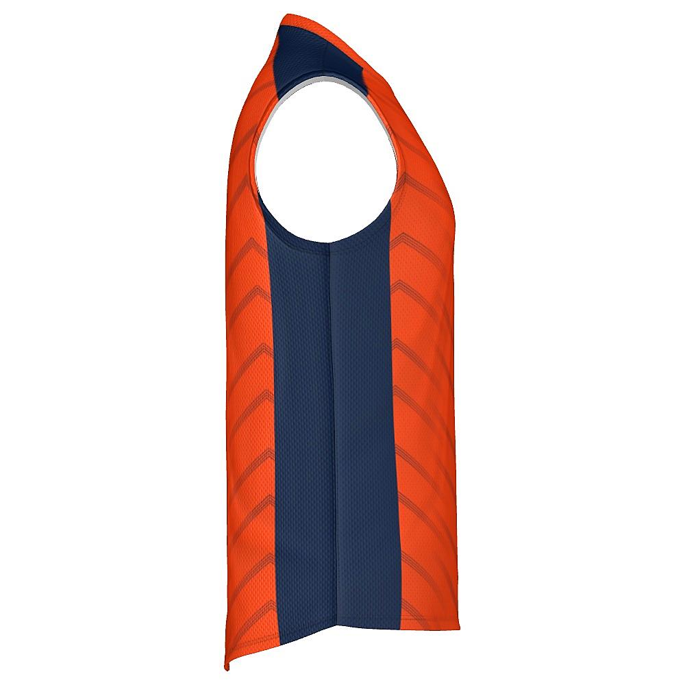 Orange sleeveless shirt with navy accents and chevron design on a white background