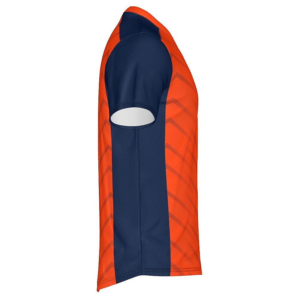 Orange shirt with navy accents and chevron design on a white background
