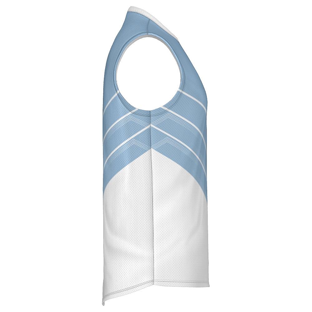 Blue and white sleeveless shirt with chevron design on a white background