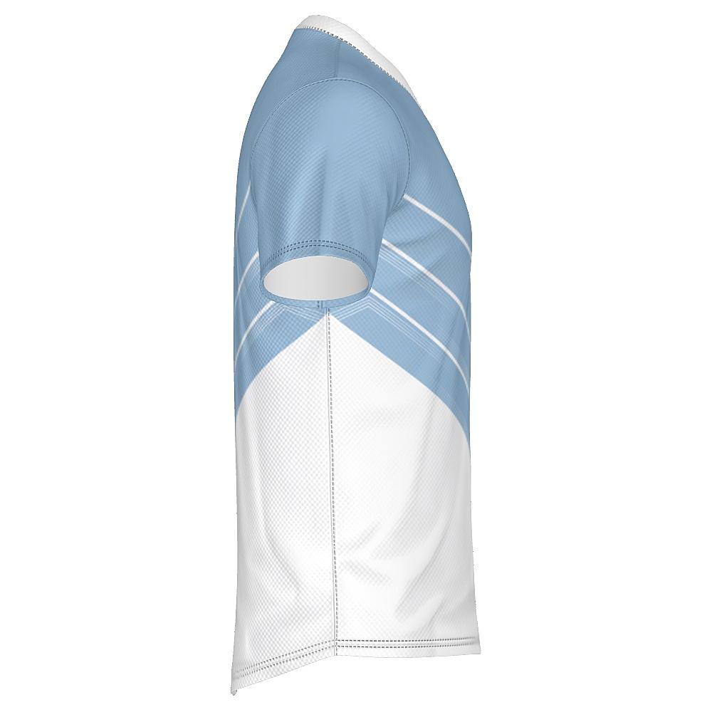 Blue and white shirt with chevron design on a white background