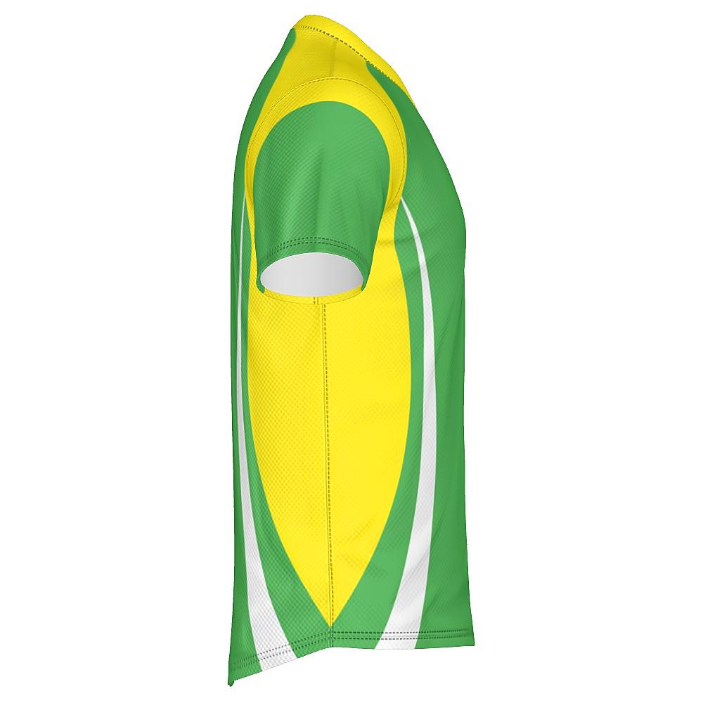 Green shirt with yellow and white accents on a white background