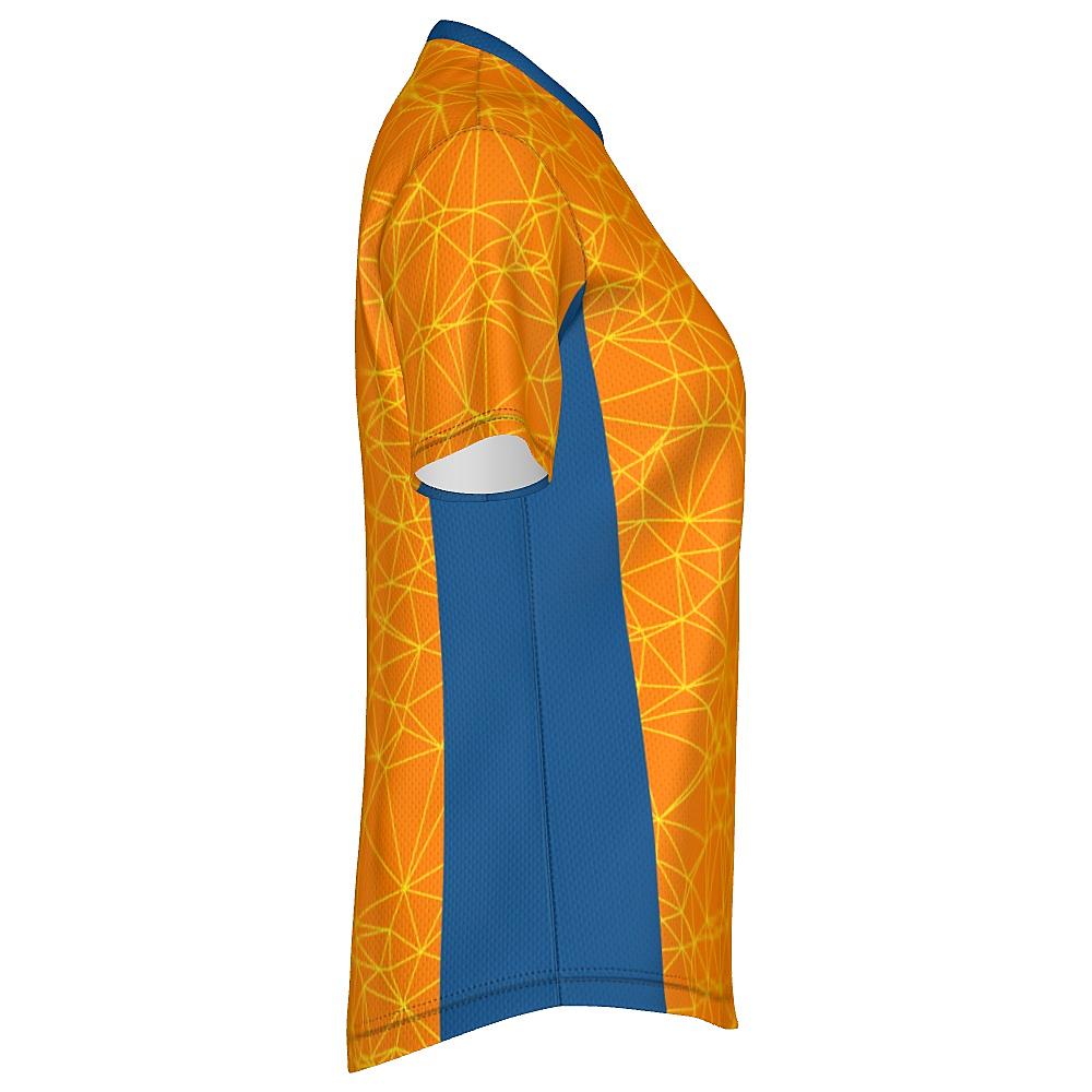 Orange shirt with yellow geometric design and blue accents on a white background