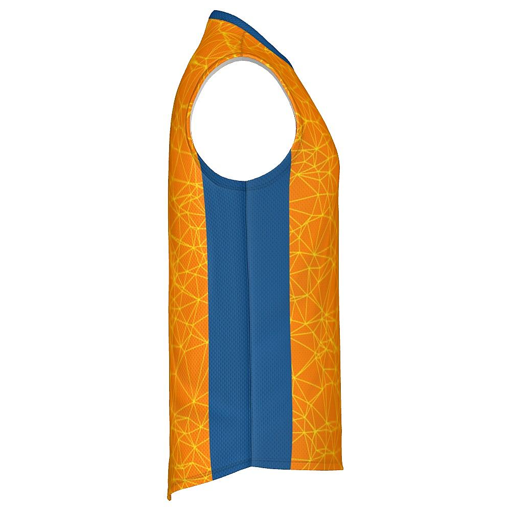 Orange sleeveless shirt with yellow geometric design and blue accents on a white background