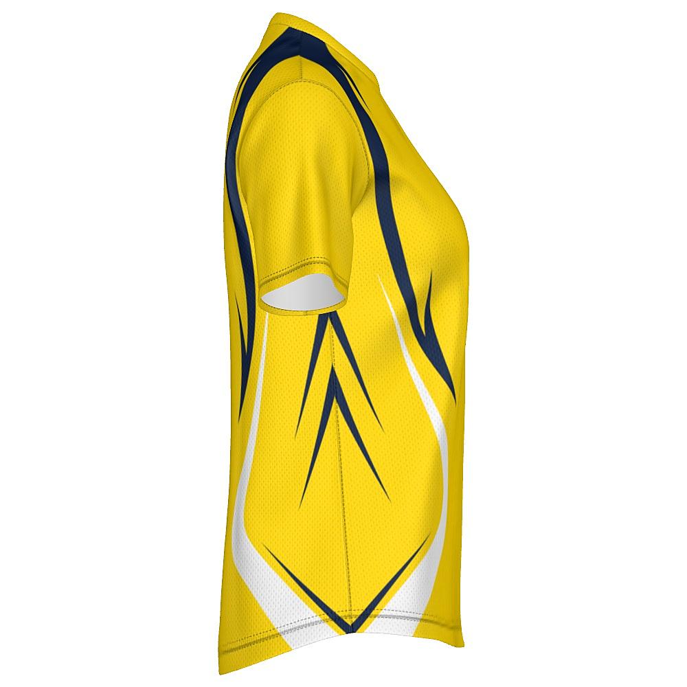 Yellow shirt with navy and white accents on a white background