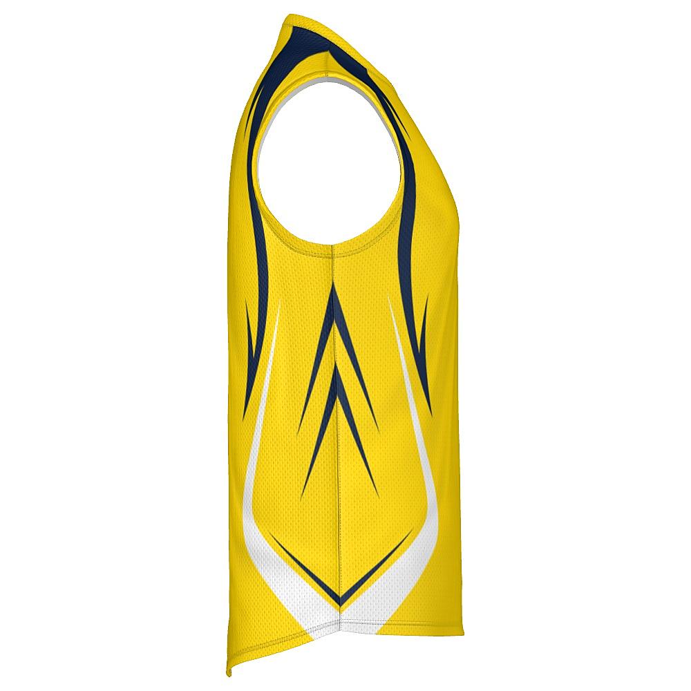 Yellow sleeveless shirt with navy and white accents on a white background