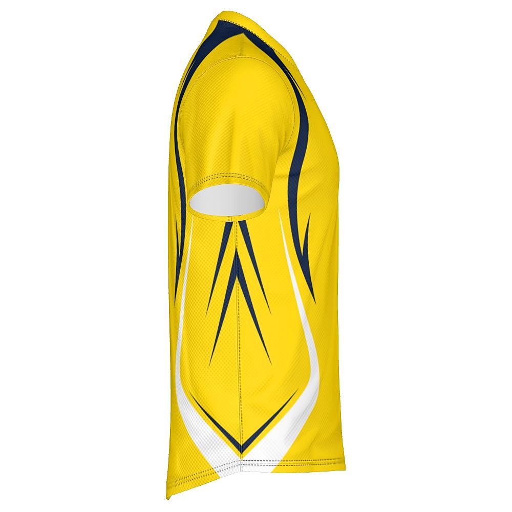 Yellow shirt with navy and white accents on a white background
