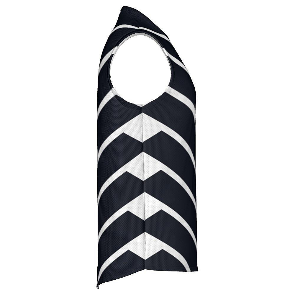 Black sleeveless shirt with white chevrons on a white background