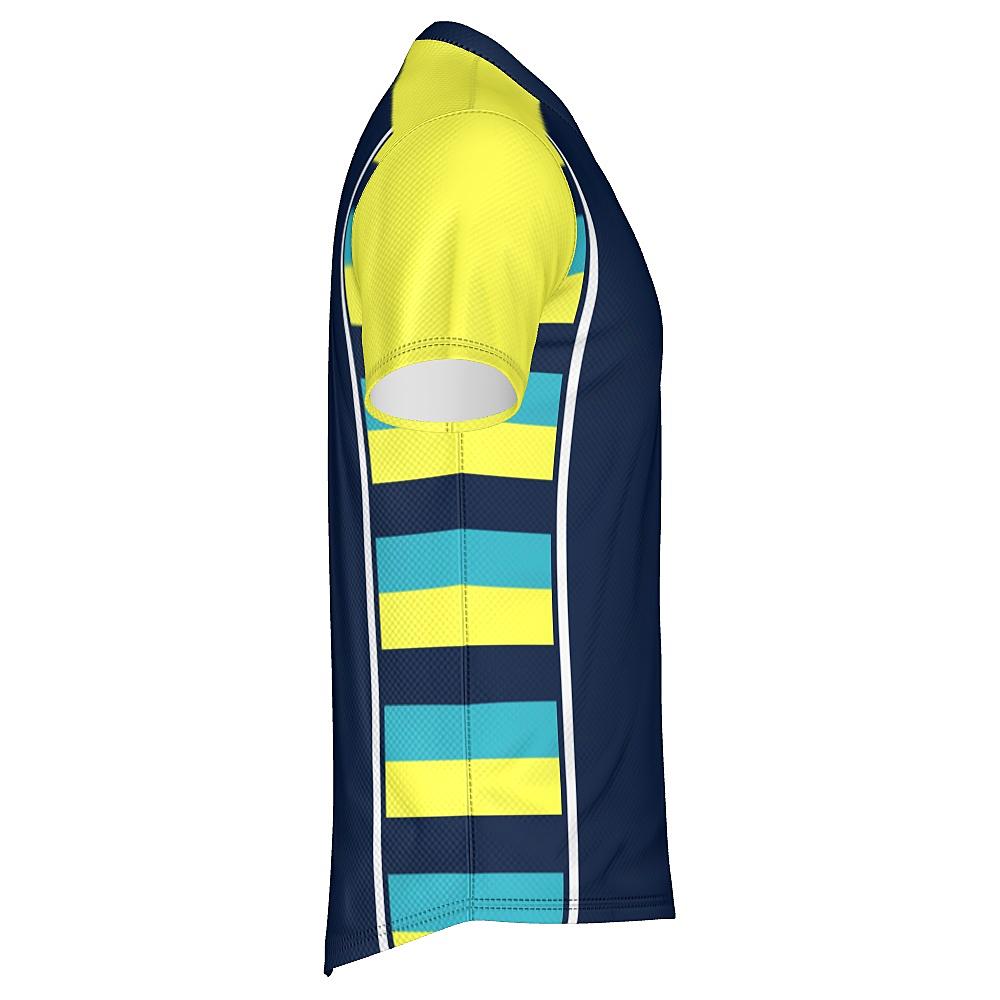 Navy shirt with yellow sleeves and striped side panels on a white background