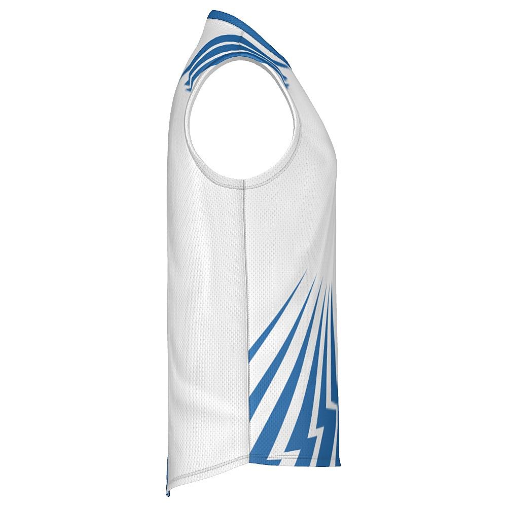 White sleeveless shirt with blue bolt-shaped accents on a white background