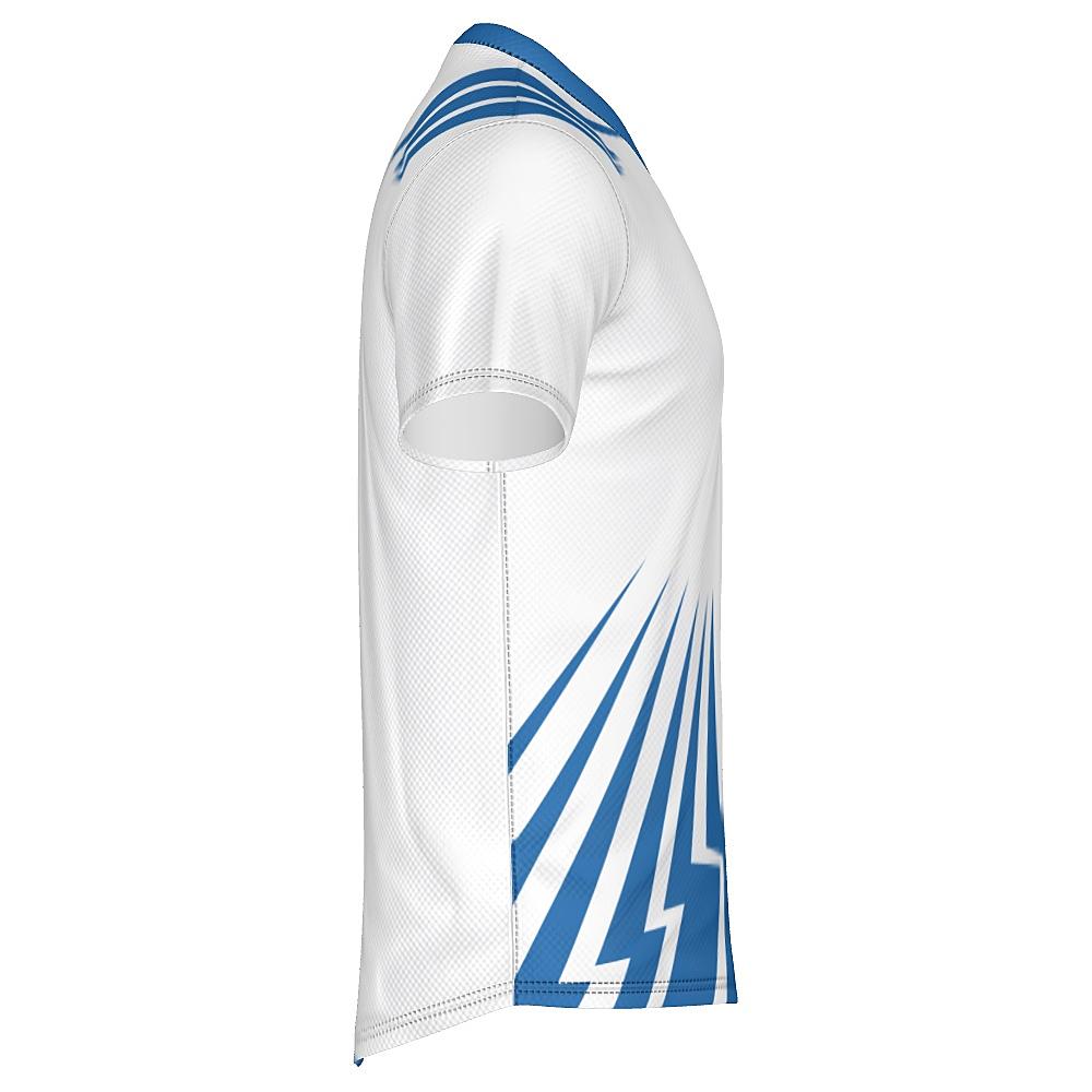 White shirt with blue bolt-shaped accents on a white background