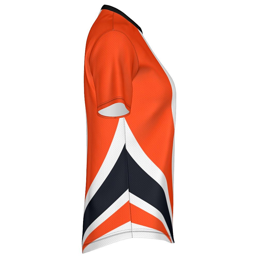 White shirt with black and orange curved stripes on a white background