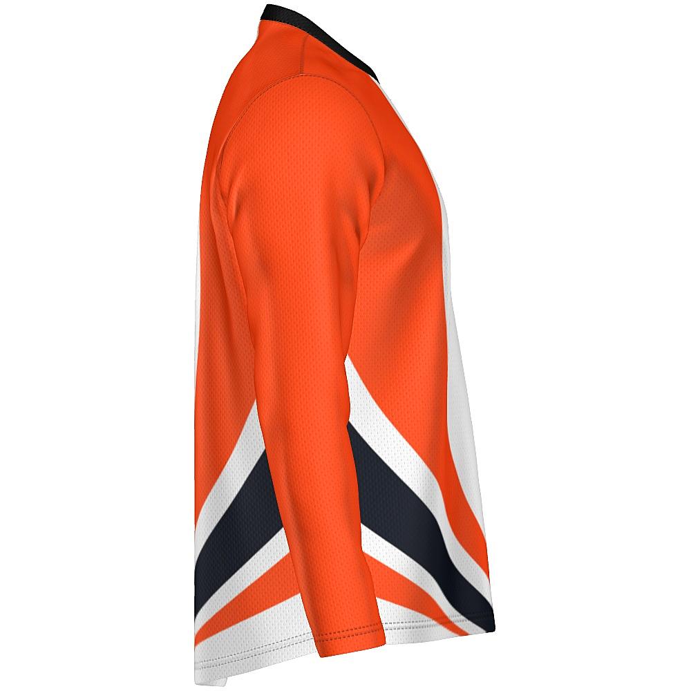 White long-sleeve shirt with black and orange curved stripes on a white background