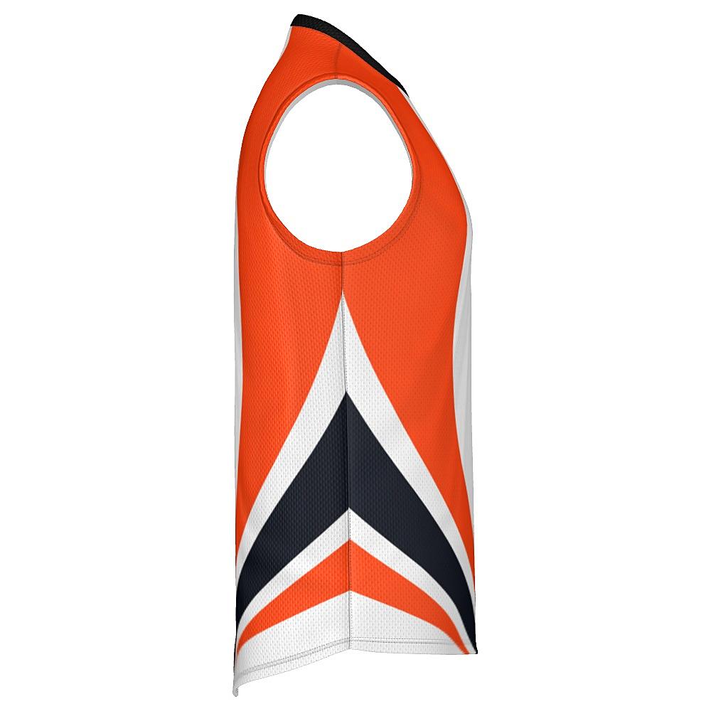 White sleeveless shirt with black and orange curved stripes on a white background