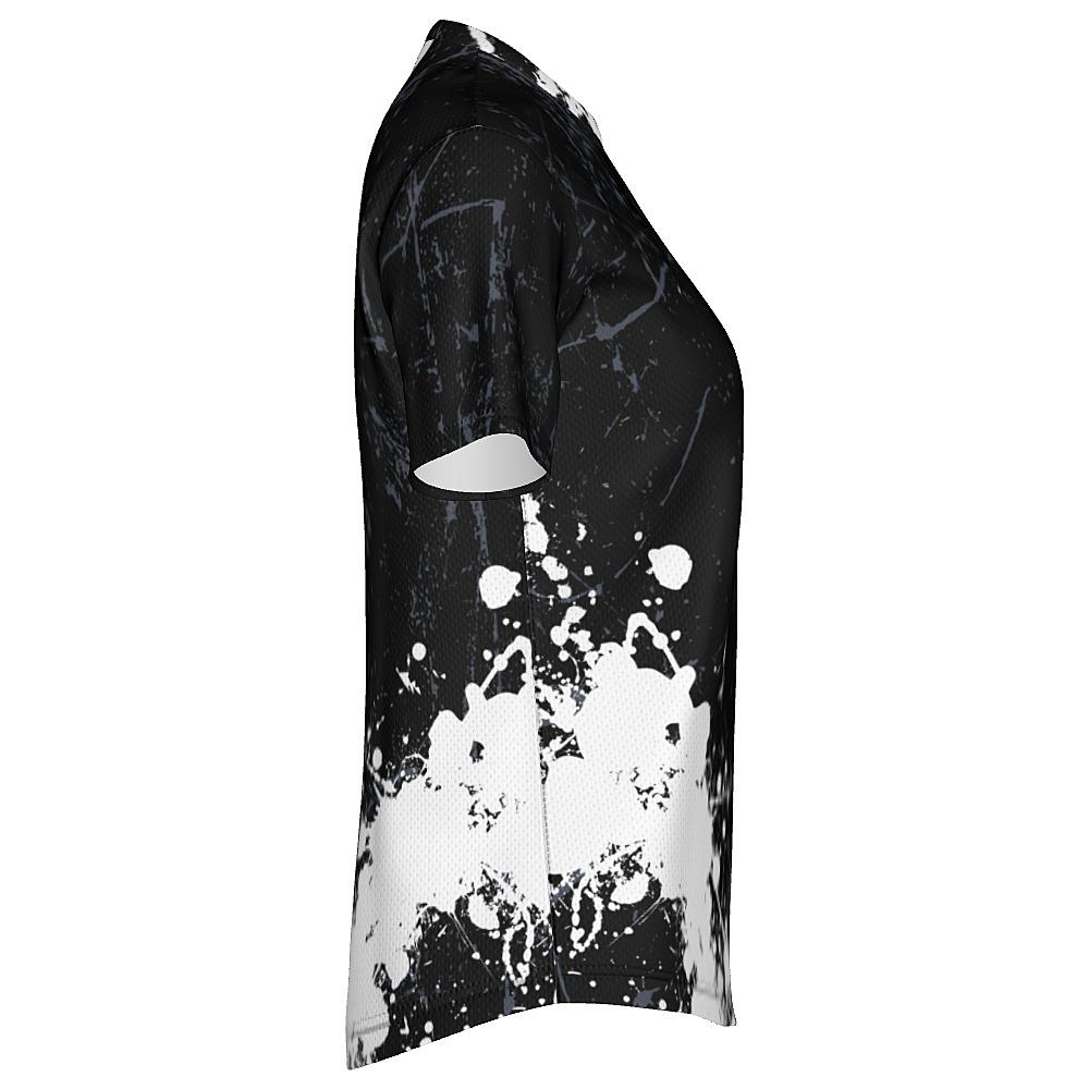 Black shirt with white and grey distressed design on a white background