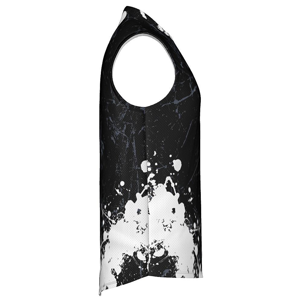 Black sleeveless shirt with white and grey distressed design on a white background