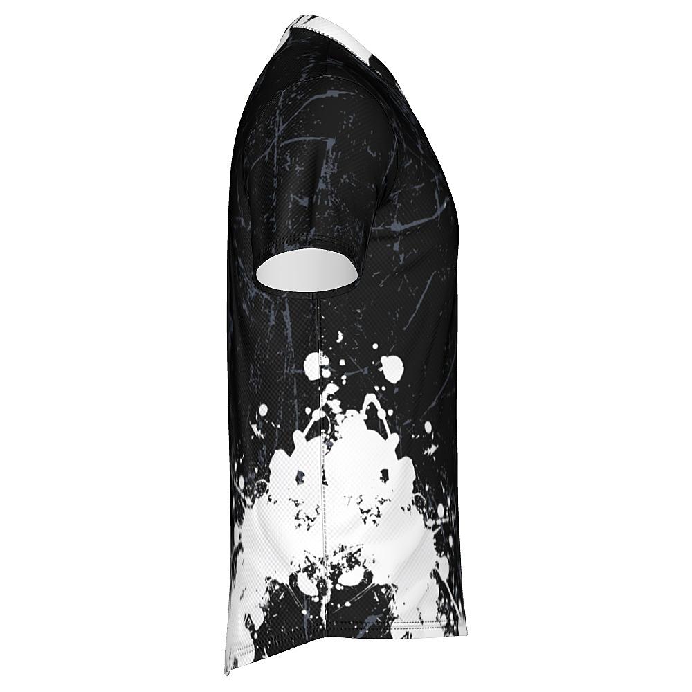 Black shirt with white and grey distressed design on a white background