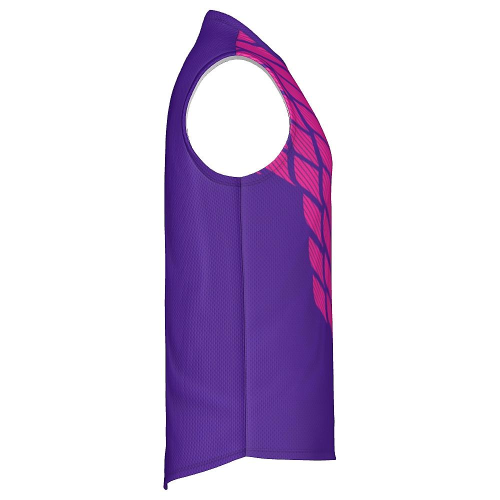 Pink and purple sleeveless shirt with striped design on a white background