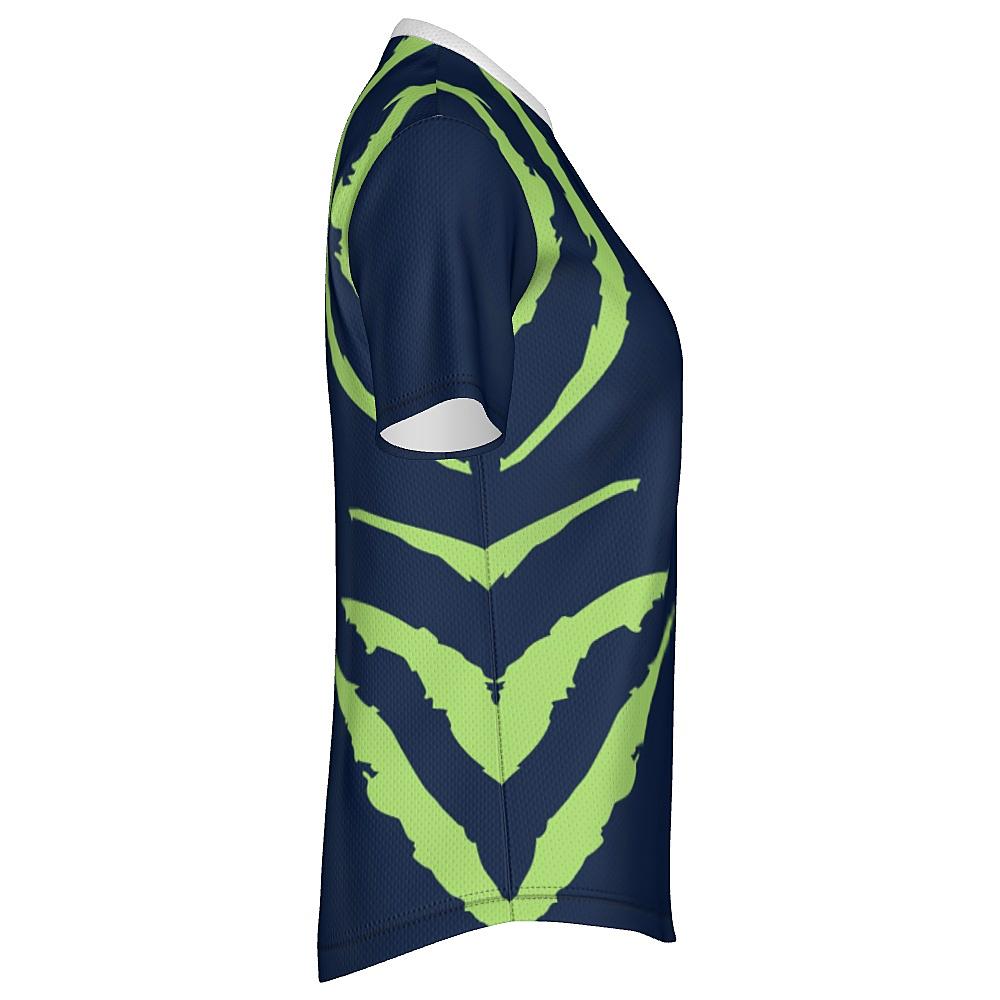 Blue shirt with green accents on a white background