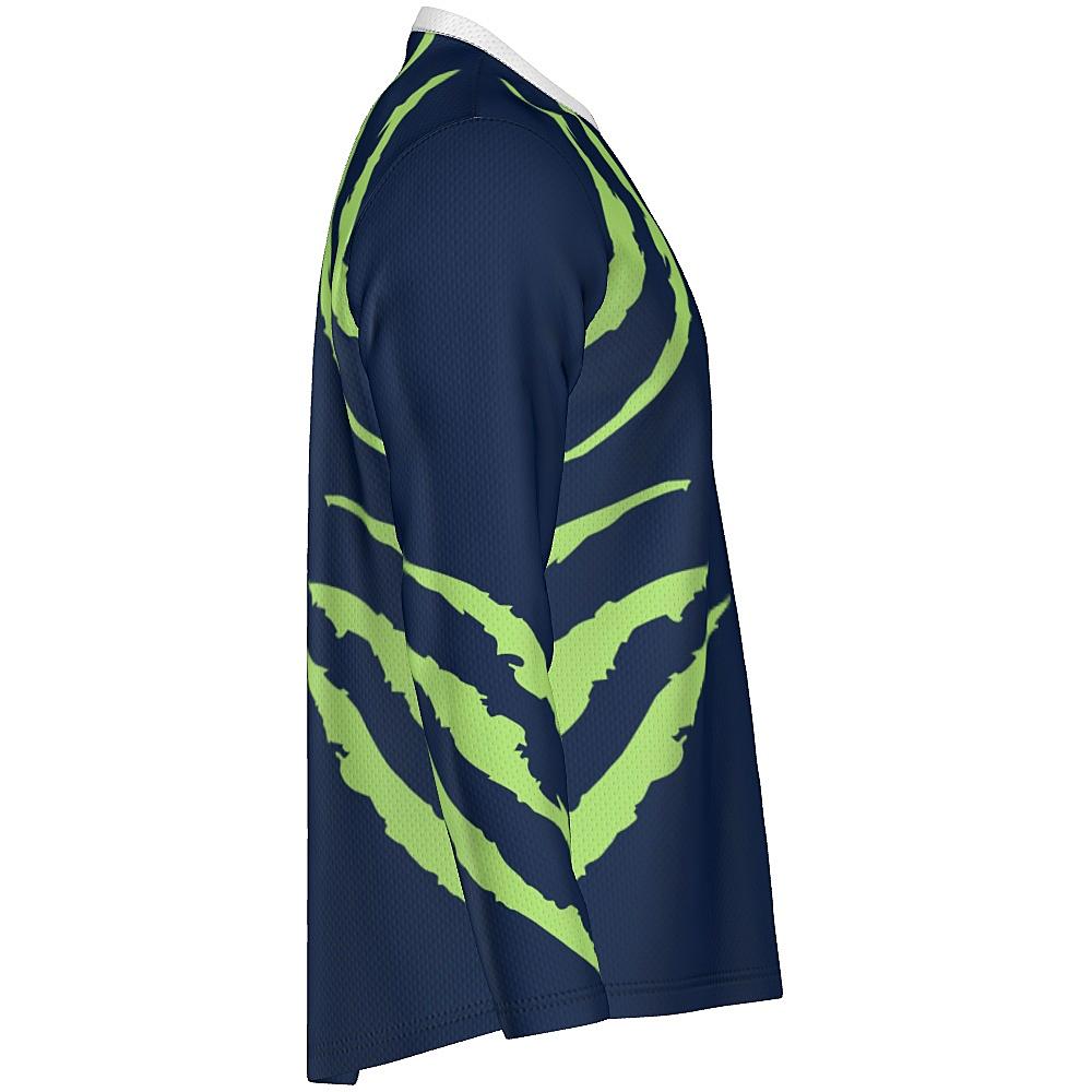 Blue long-sleeve shirt with green accents on a white background