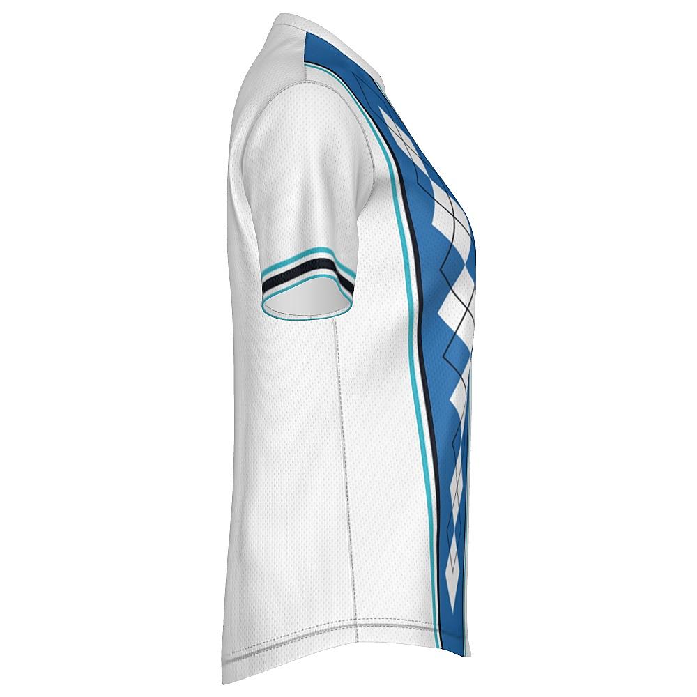 White shirt with blue argyle design on a white background