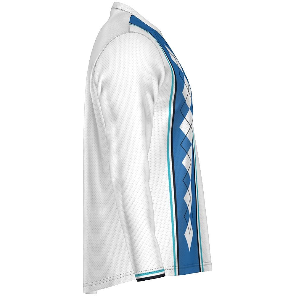 White long-sleeve shirt with blue argyle design on a white background