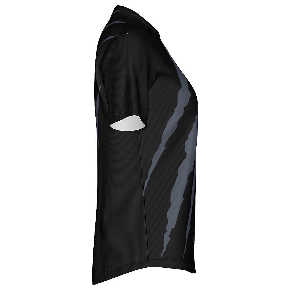 Black shirt with grey claw-mark design on a white background