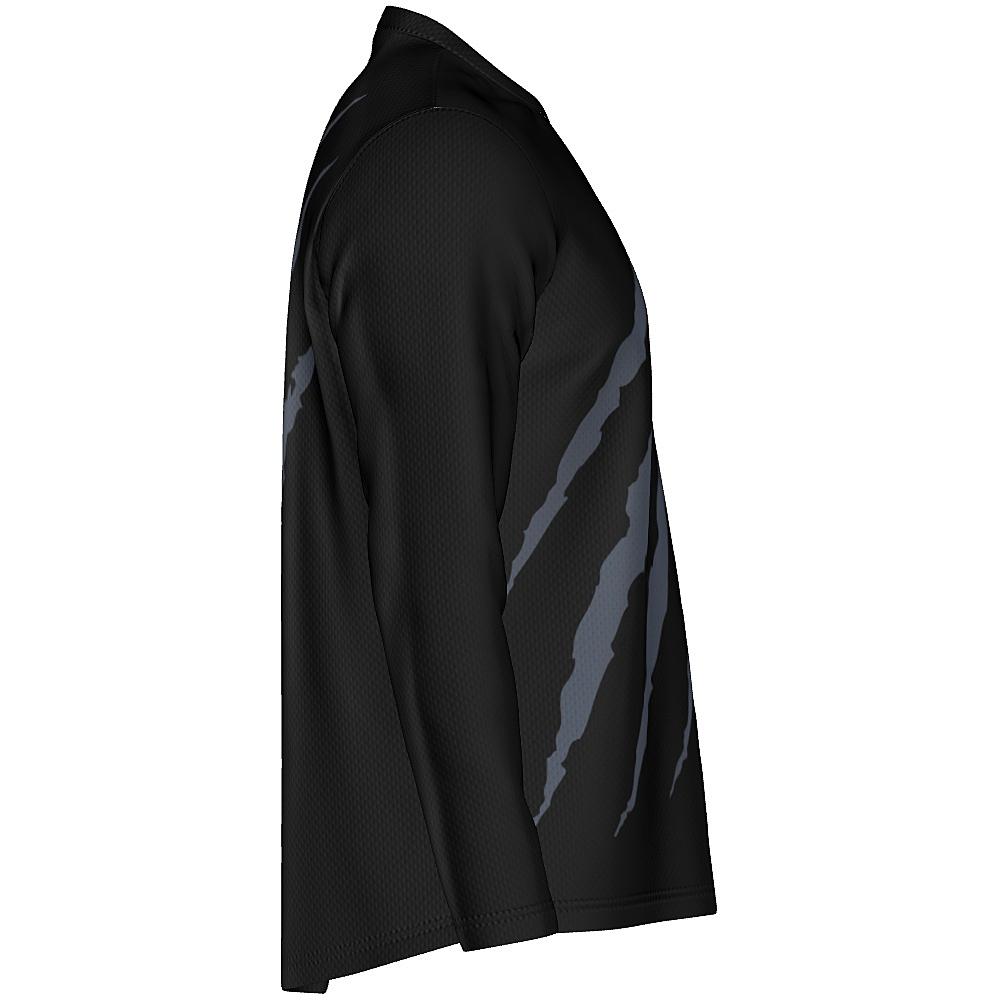 Black long-sleeve shirt with grey claw-mark design on a white background