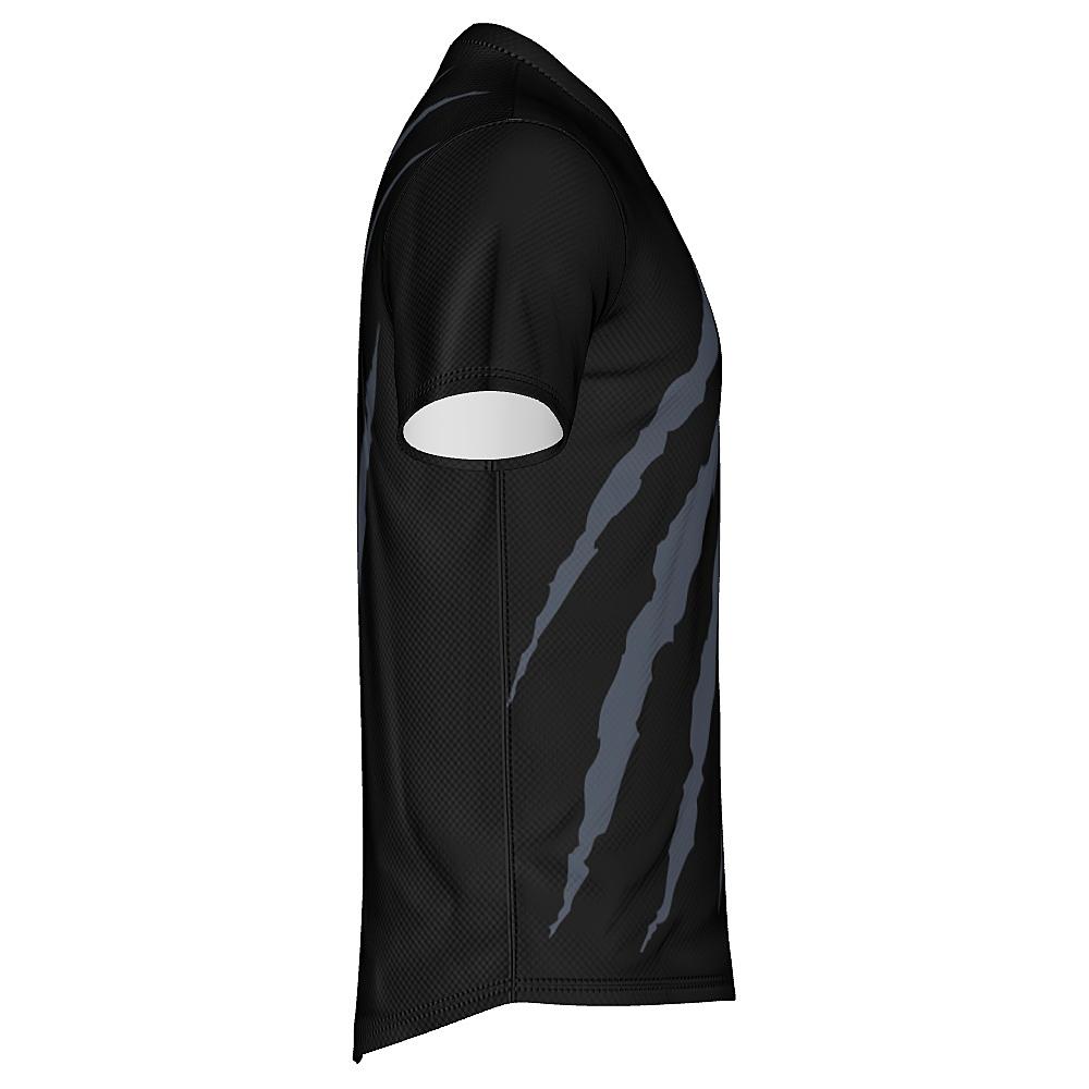 Black shirt with grey claw-mark design on a white background