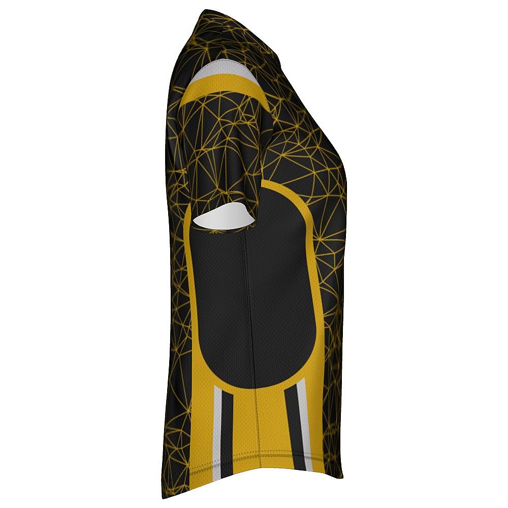 Black shirt with yellow geometric design on a white background