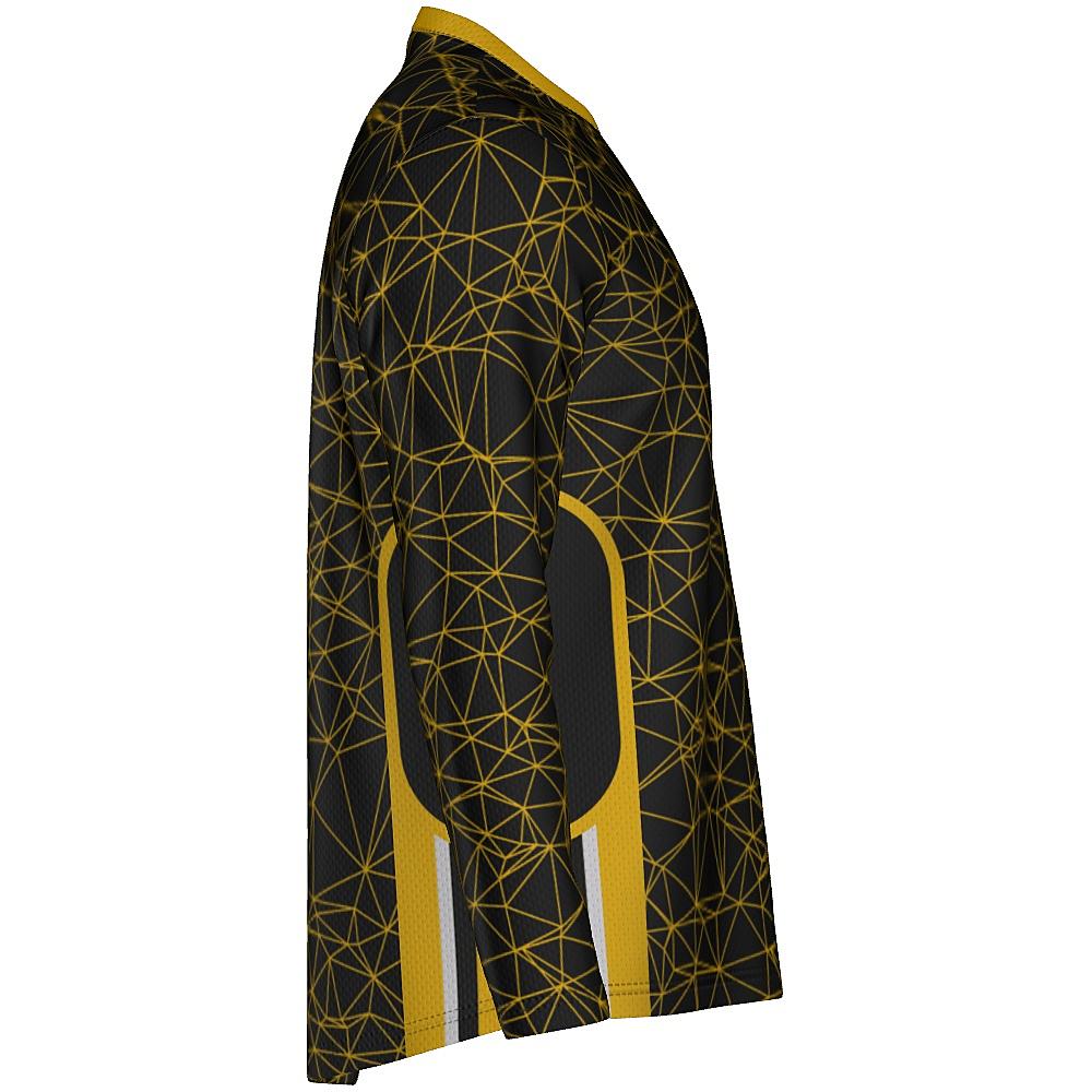 Black long-sleeve shirt with yellow geometric design on a white background
