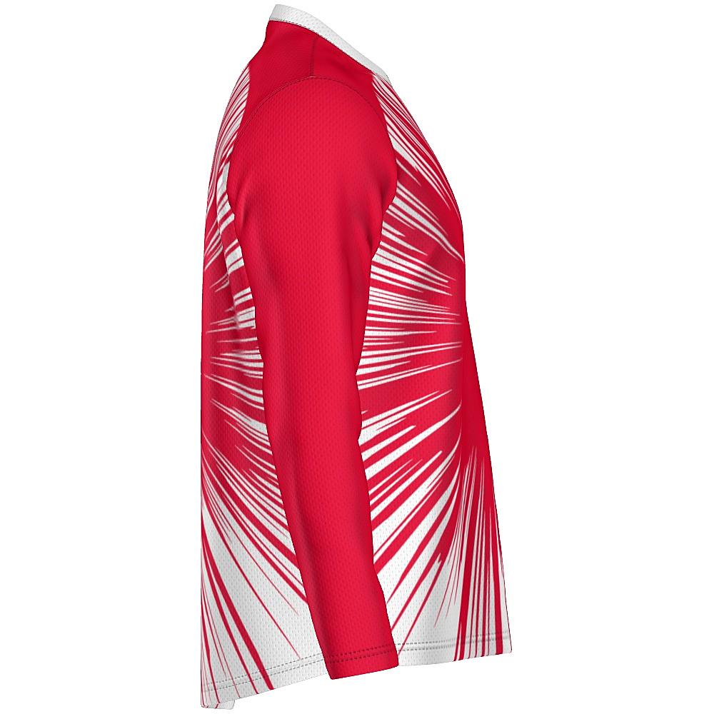 Red long-sleeve shirt with starburst design on a white background