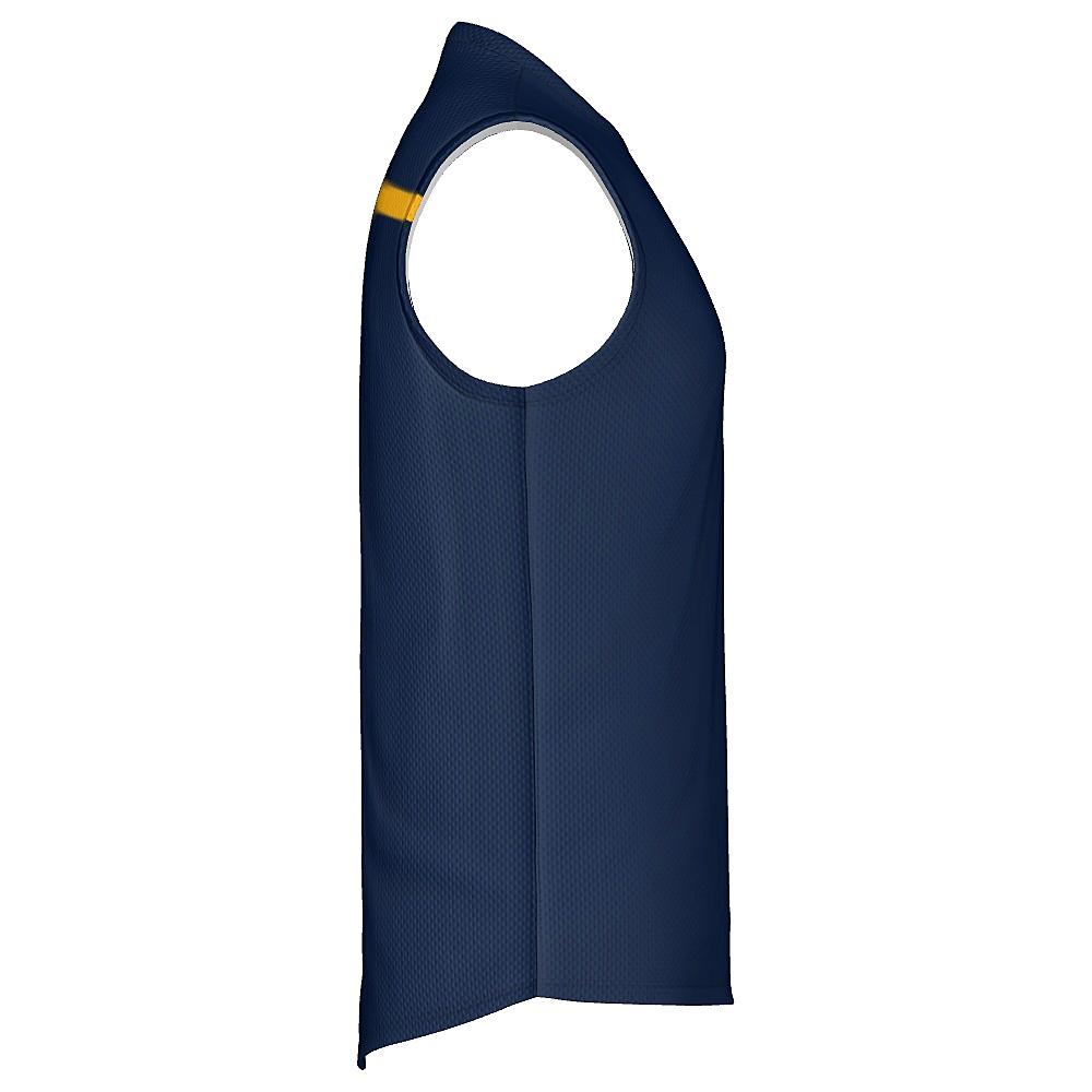 Navy sleeveless shirt with yellow stripes on a white background