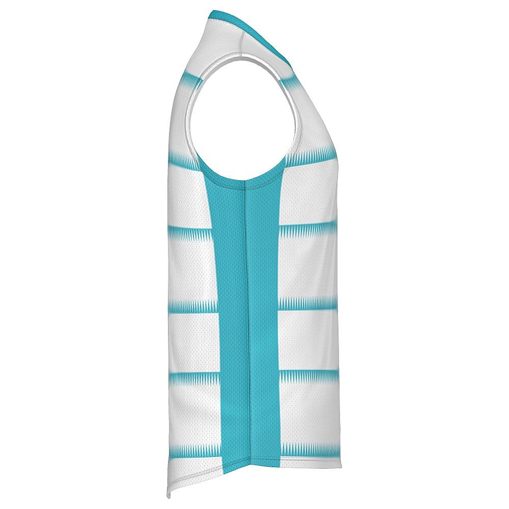 White sleeveless shirt with teal sleeves and sawtooth stripes