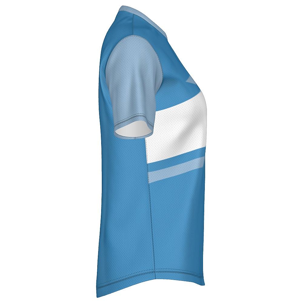 Blue shirt with contrasting sleeves and white horizontal stripe on a white background