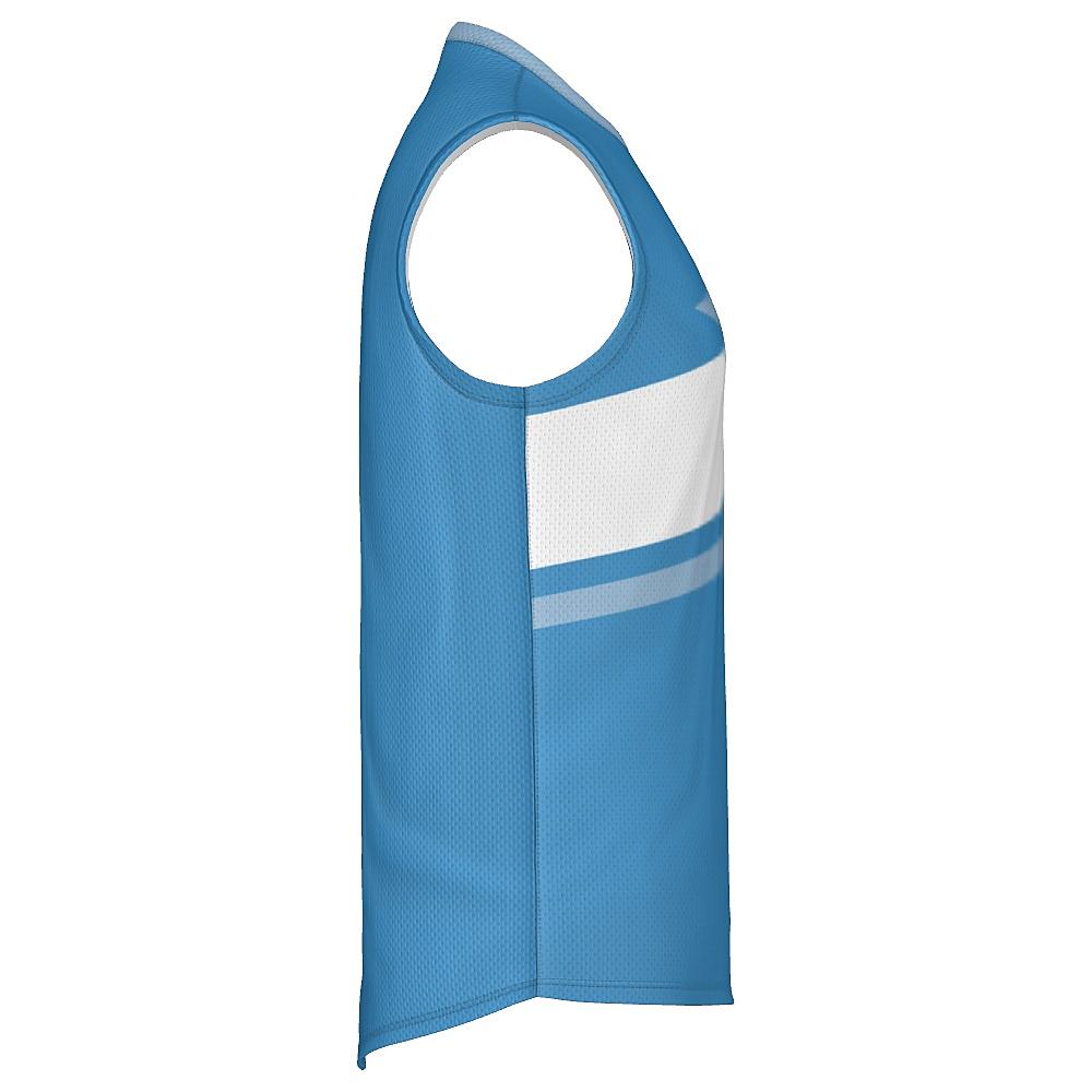 Blue sleeveless shirt with contrasting stripes on a white background
