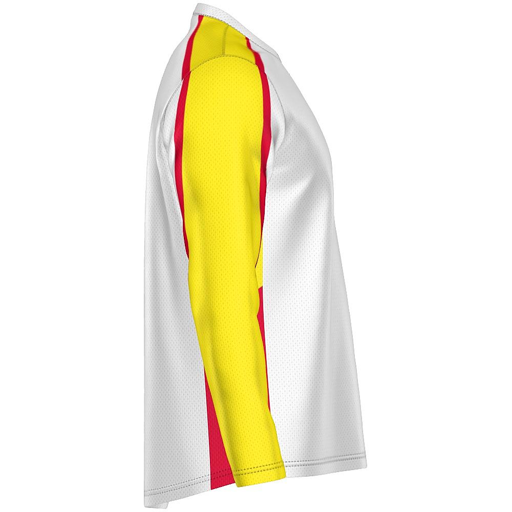 White long-sleeve shirt with yellow and red accents on a white background