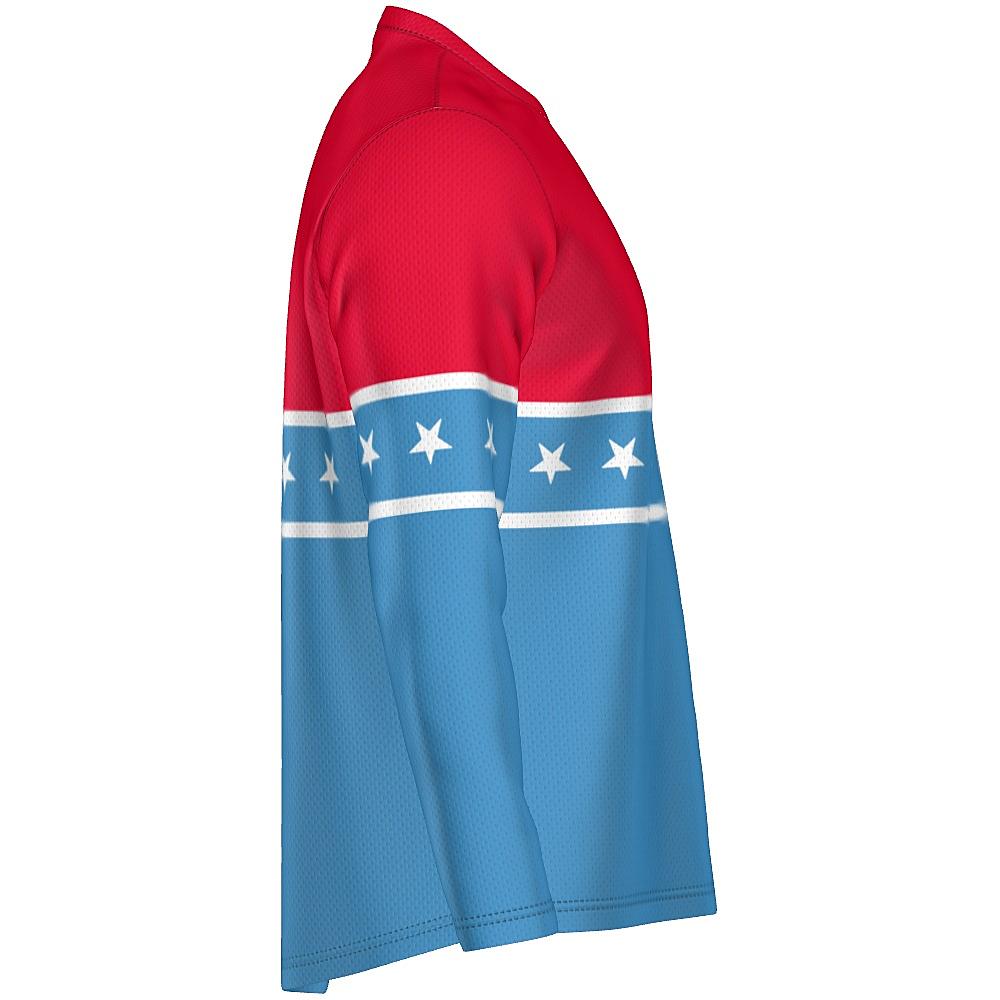 Blue and red long-sleeve shirt with white stars and stripes on a white background