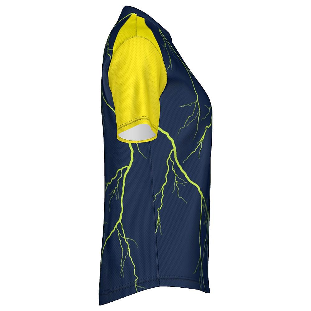 Navy shirt with yellow sleeves and lightning design on a white background