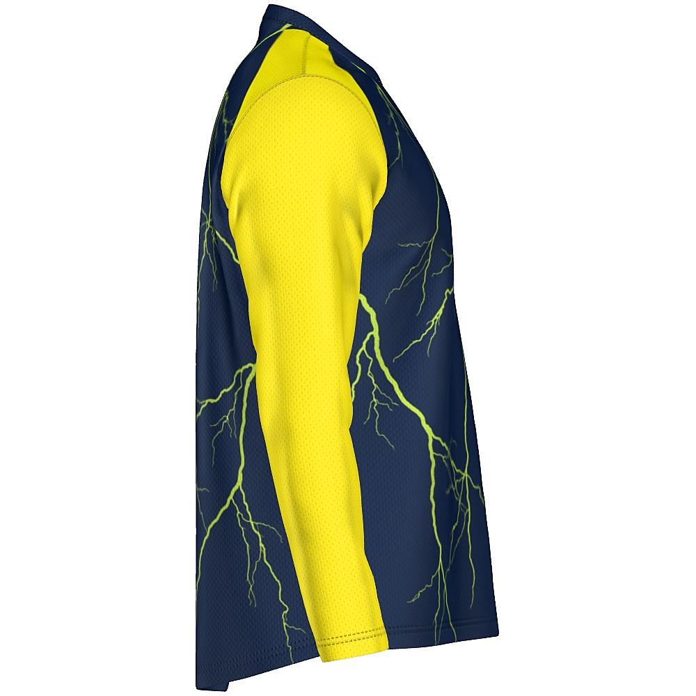 Navy long-sleeve shirt with yellow sleeves and lightning design on a white background