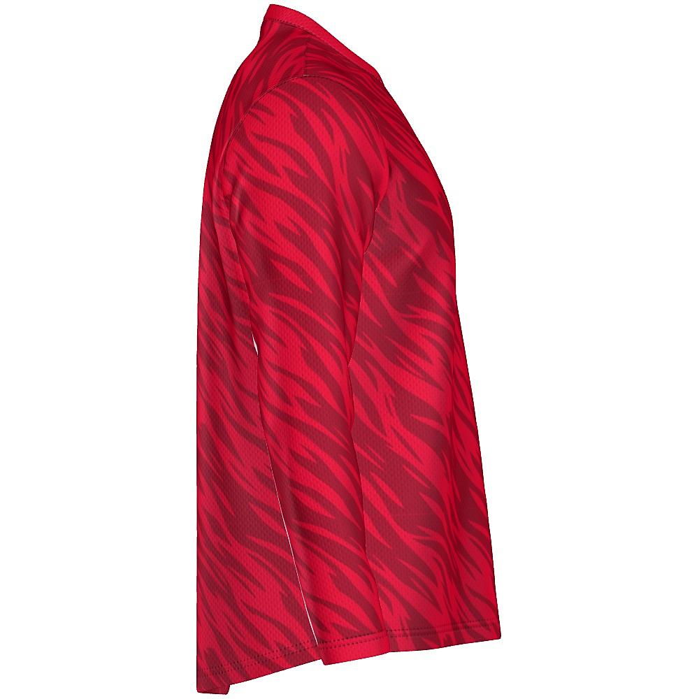 Red long-sleeve shirt with wavy design and white accents on a white background