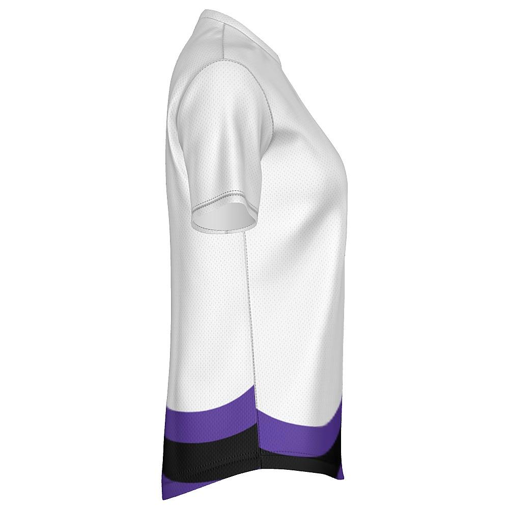 White shirt with black and purple accents on a white background