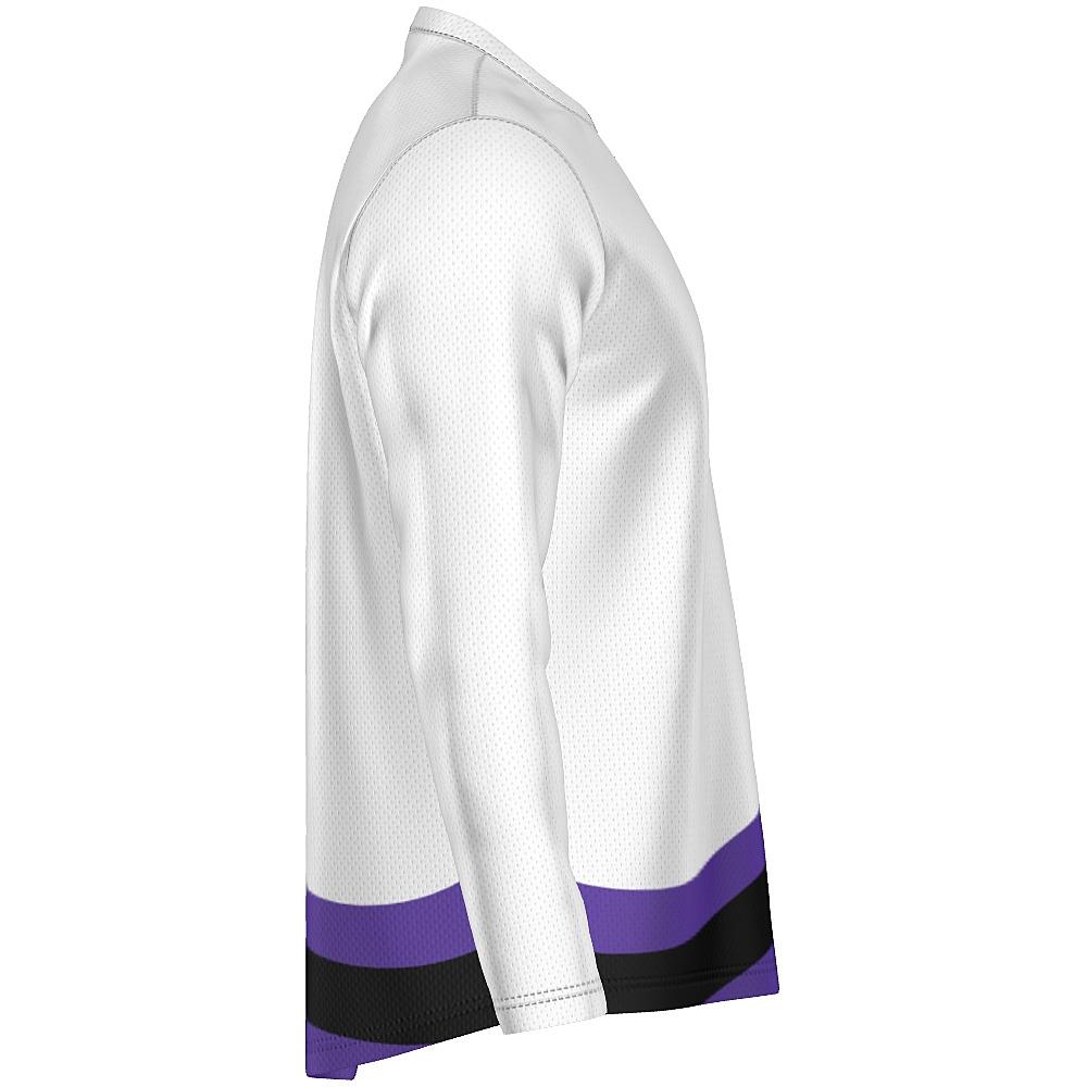 White long-sleeve shirt with black and purple accents on a white background