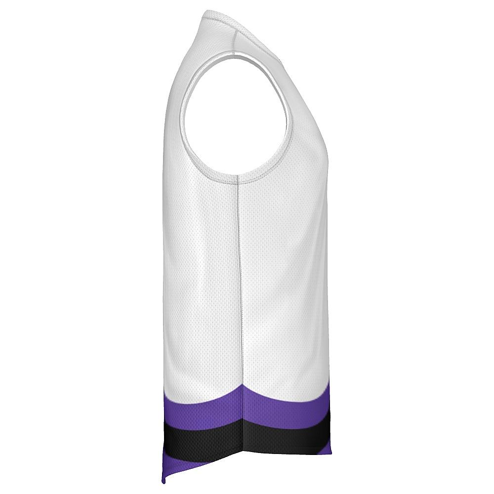 White sleeveless shirt with black and purple accents on a white background