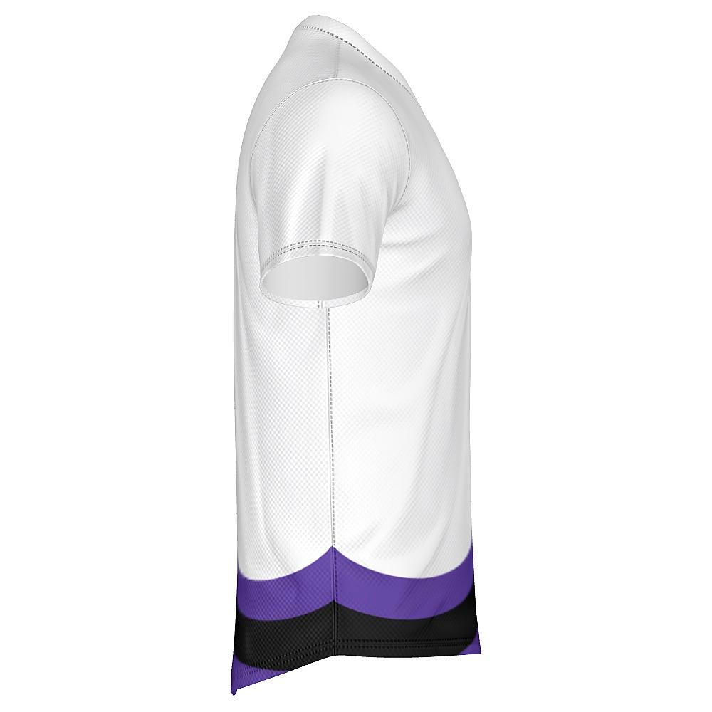 White shirt with black and purple accents on a white background