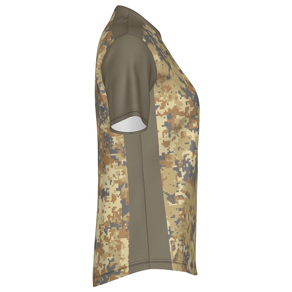 Earth-tone shirt with digital camo design on a white background