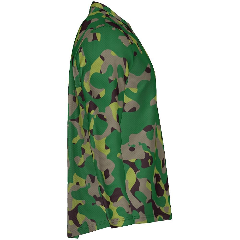 Long-sleeve shirt with green camouflage design on a white background