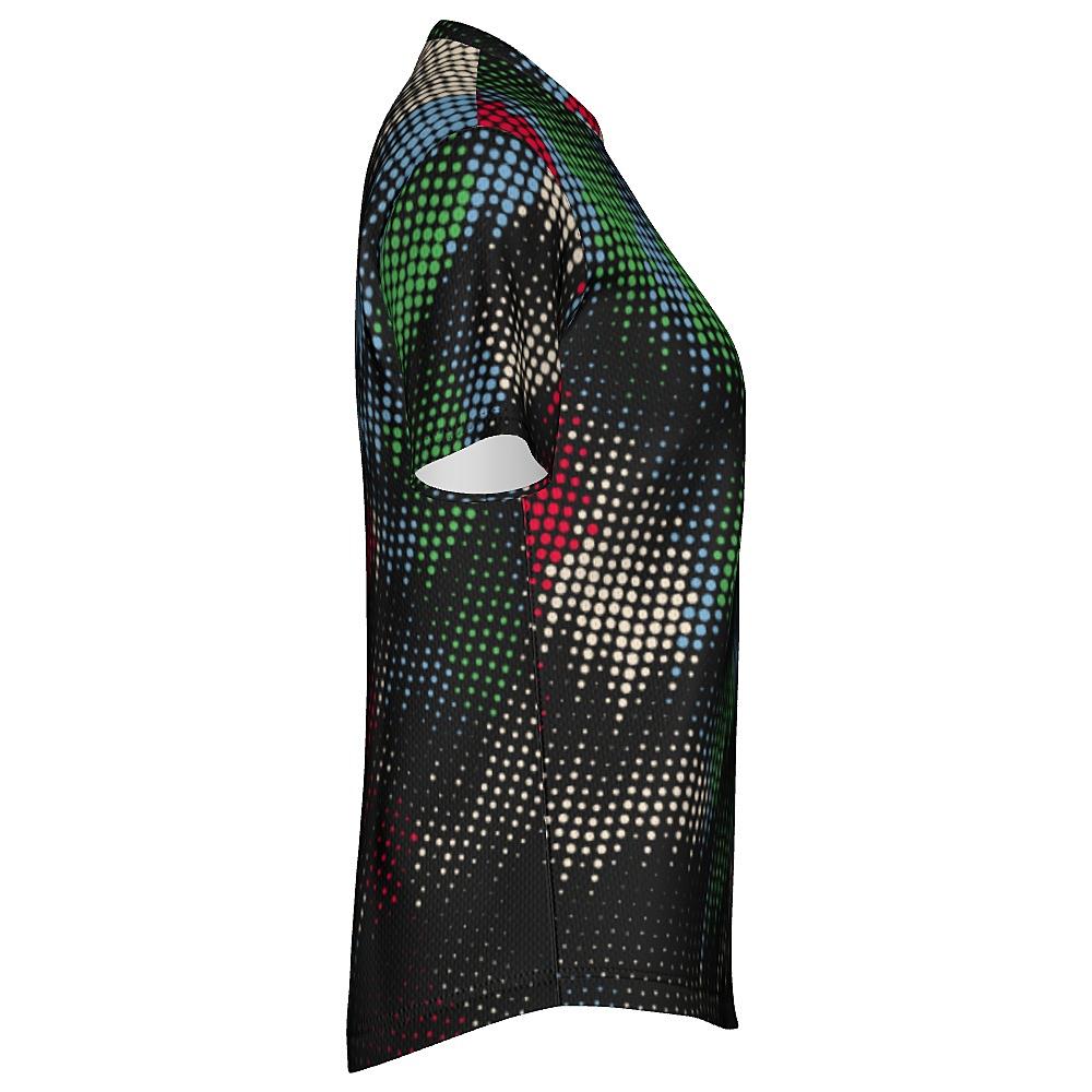 Black shirt with multicolored dot pattern on a white background