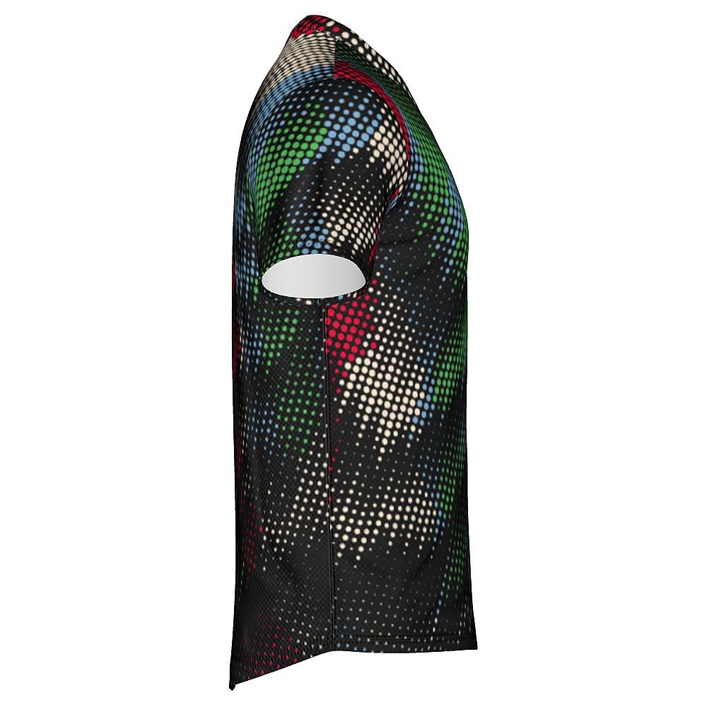 Black shirt with multicolored dot pattern on a white background